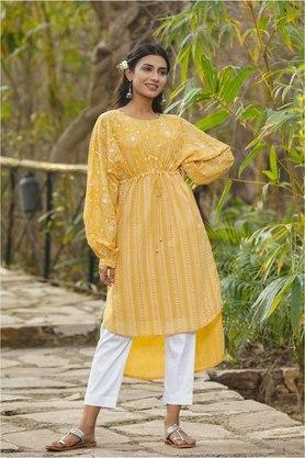 printed georgette round neck women's high-low tunic - yellow
