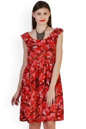 printed georgette round neck women's knee length dress - red