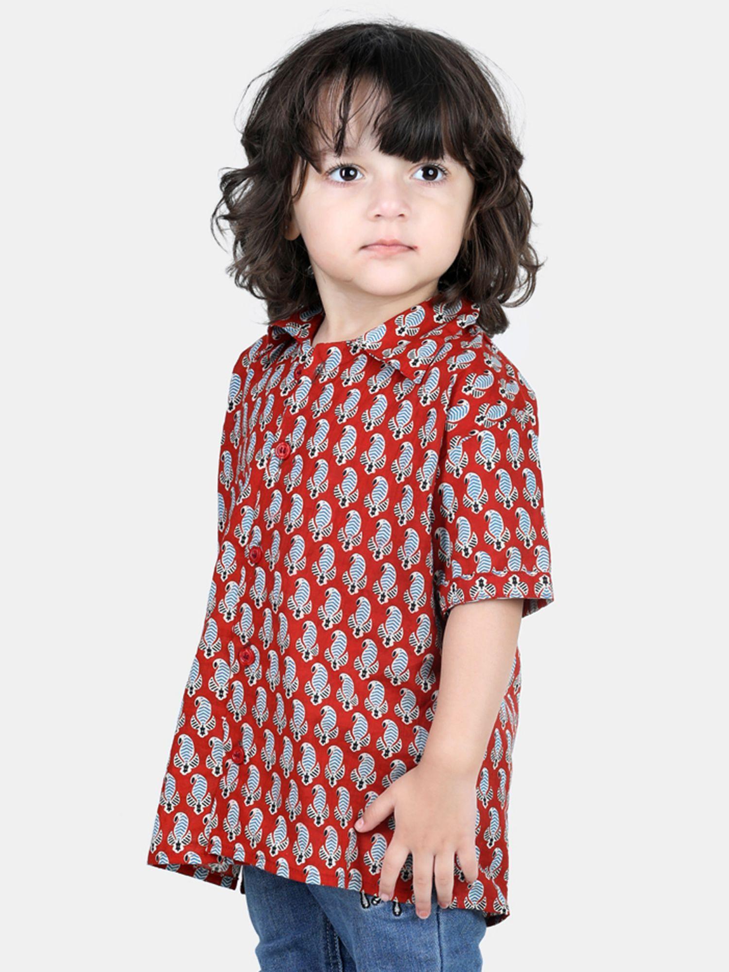 printed half sleeve pure cotton shirt for boys- red