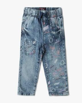 printed heavily washed regular fit jeans