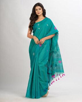 printed jamdani saree with tassels