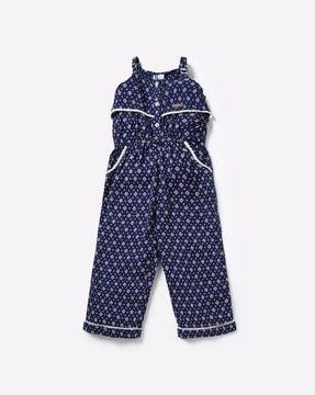 printed jumpsuit with ruffle panel overlay