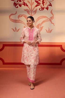 printed knee length blended fabric women's kurta set - pink