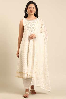printed knee length polyester woven women's kurta set - off white