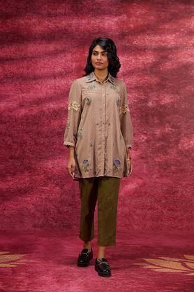 printed knee length silk woven women's kurta set - natural