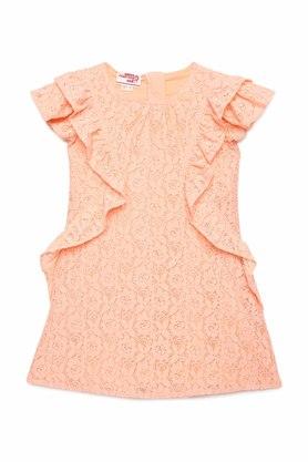 printed lace round neck girls fusion wear dresses - peach