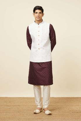 printed linen regular fit men's nehru jacket - cream