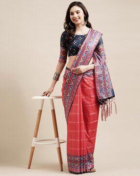printed linen saree with tassels