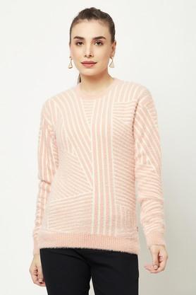 printed nylon round neck womens sweater - peach