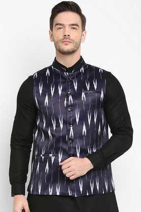 printed poly blend regular fit men's nehru jacket - navy