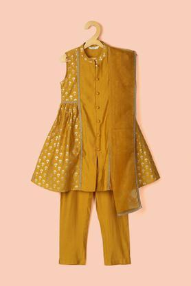printed poly blend round neck girl's salwar kurta set - yellow