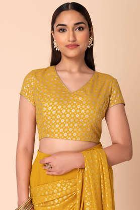 printed poly blend v neck women's blouse - yellow