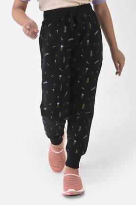 printed poly cotton regular fit girls joggers - black
