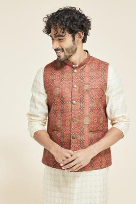 printed poly silk  festive wear nehru jacket - rust