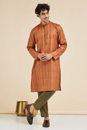 printed poly silk men's festive wear kurta - mustard