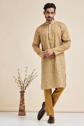printed poly silk men's festive wear kurta - yellow