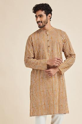 printed poly silk mens casual wear kurta - mustard