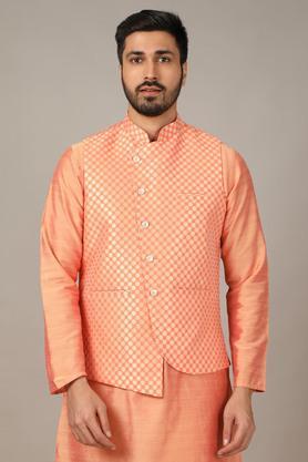 printed poly silk slim fit men's festive wear jacket - peach