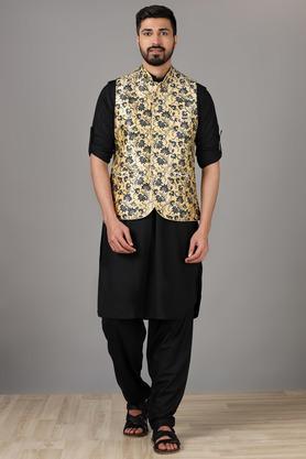 printed poly silk slim fit men's festive wear waistcoat - natural