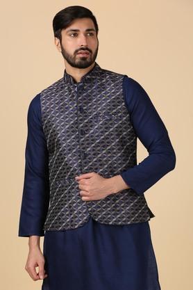 printed poly silk slim fit men's festive wear waistcoat - navy