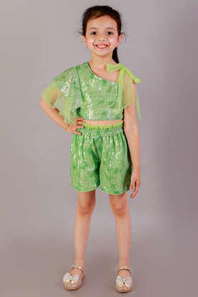printed polyester asymmetric girls party top with shorts - green