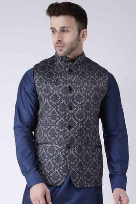 printed polyester blend regular fit men's occasion wear nehru jacket - black