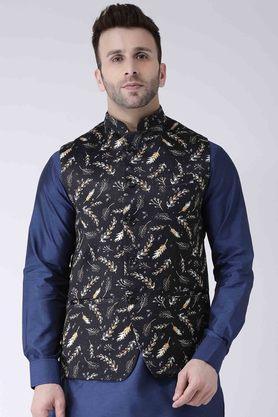 printed polyester blend regular fit men's occasion wear nehru jacket - black