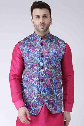 printed polyester blend regular fit men's occasion wear nehru jacket - purple