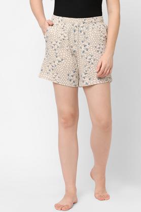 printed polyester cotton relaxed fit womens shorts - cream
