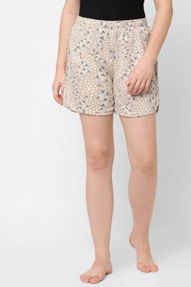 printed polyester cotton relaxed fit womens shorts - cream
