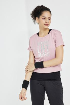 printed polyester cotton round neck women's t-shirt - blush