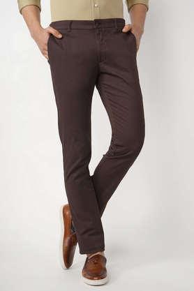 printed polyester cotton slim fit men's casual trousers - brown