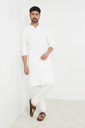 printed polyester cotton slim fit men's long kurta - white