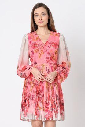 printed polyester flared fit women's knee length dress - pink