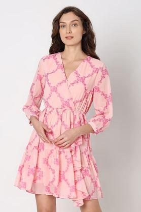 printed polyester flared fit women's mini dress - pink