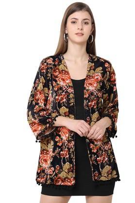 printed polyester full sleeves women's kimono - black