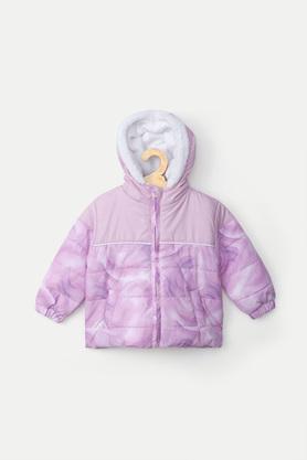 printed polyester hood infant girls jacket - purple