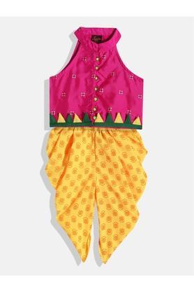printed polyester mandarin girls kurta dhoti set - pink