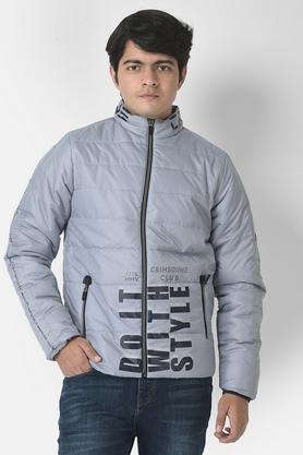printed polyester mock neck boys jacket - silver grey
