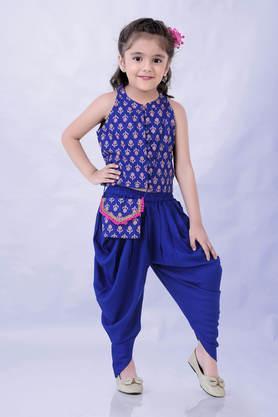 printed polyester regular fit girls choli & dhoti set - royal blue