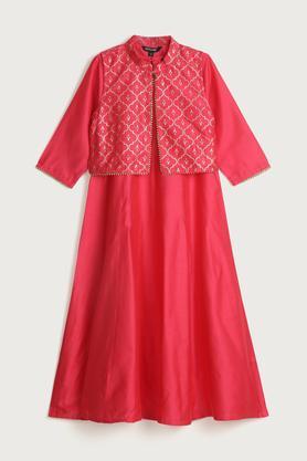 printed polyester regular fit girls ethnic set - pink