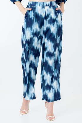 printed polyester regular fit women's trouser - blue