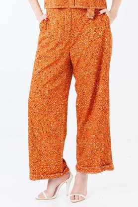 printed polyester regular fit women's trouser - brown