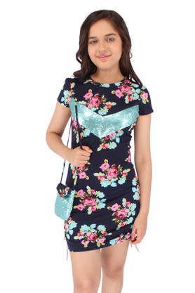 printed polyester round neck giri's casual wear dress - navy