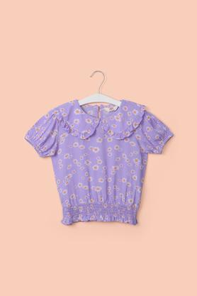 printed polyester round neck girl's top - lavender