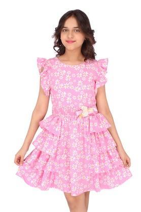 printed polyester round neck girls casual midi dress - pink