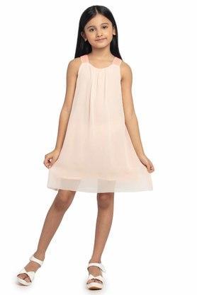 printed polyester round neck girls fusion wear dresses - peach