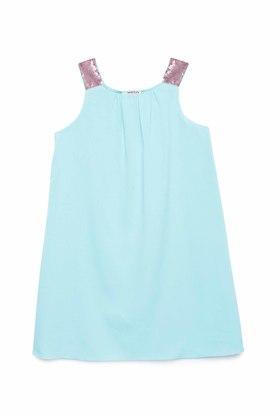 printed polyester round neck girls fusion wear dresses - sea blue
