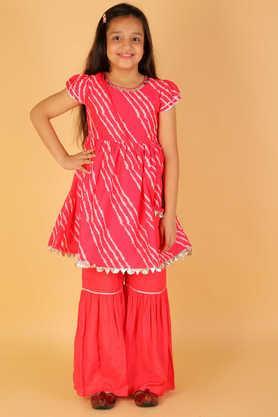printed polyester round neck girls kurta sharara set - pink
