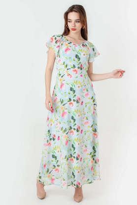 printed polyester round neck women's maxi dress - blue